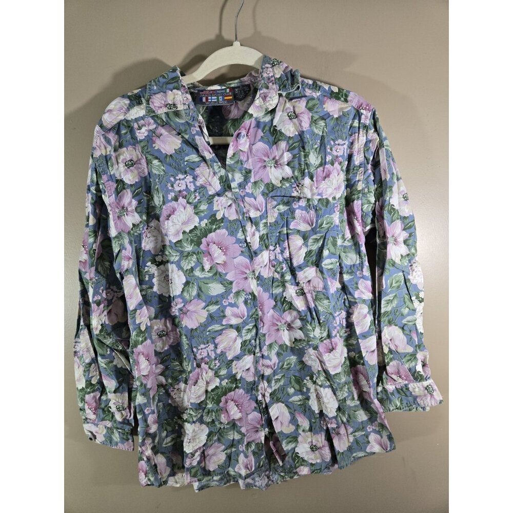 Vtg Paris Sports Club Floral Print Button Down Blouse 100% Cotton Sz M
